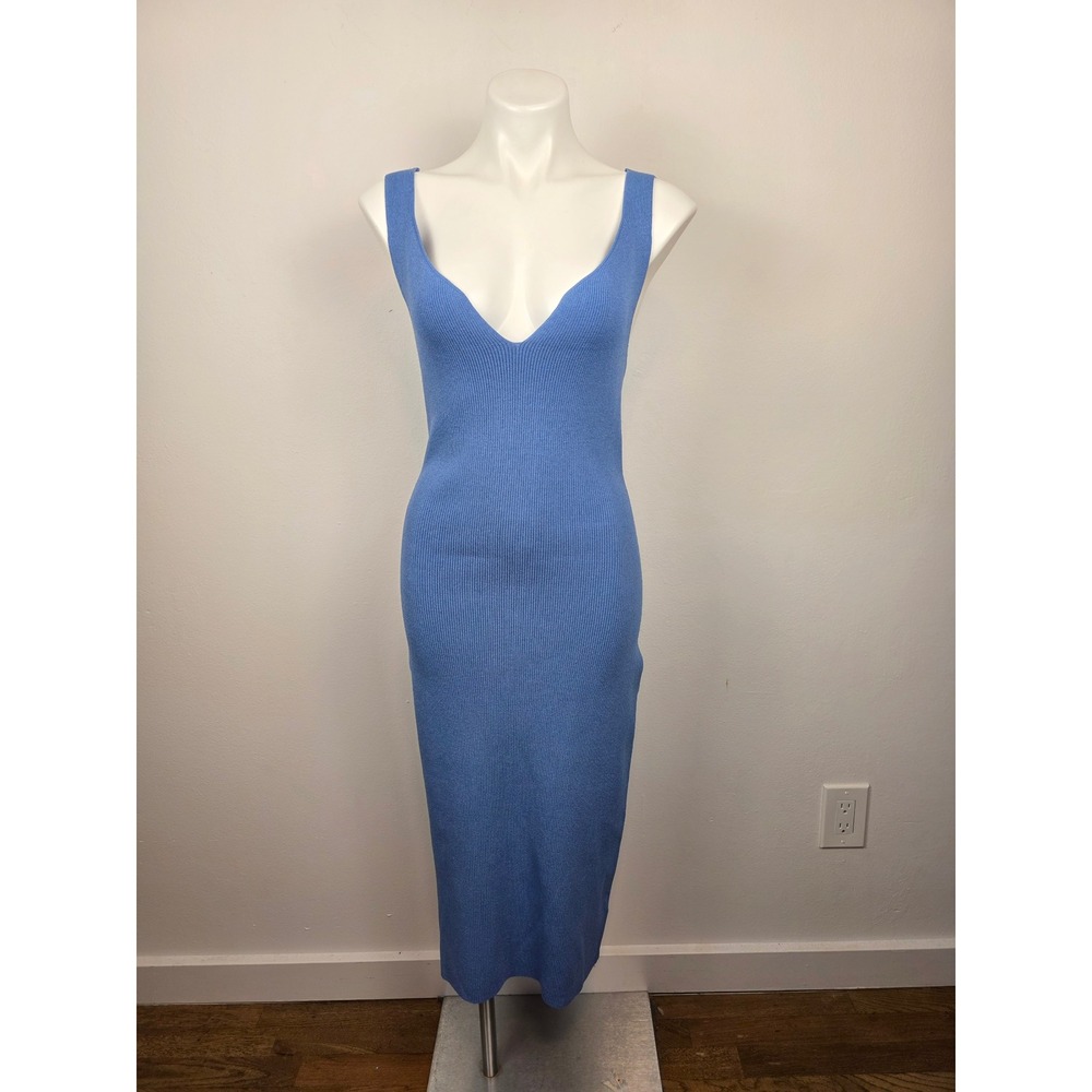 Reiss Dakota Blue Ribbed Knit V-Neck Midi Bodycon Dress Size Large Sleeveless‎